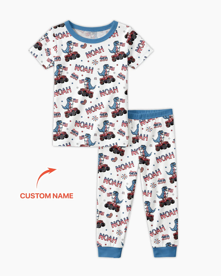 Custom Name American Flag Dinosaur Bamboo Two Piece Short Sleeve Pajama Set