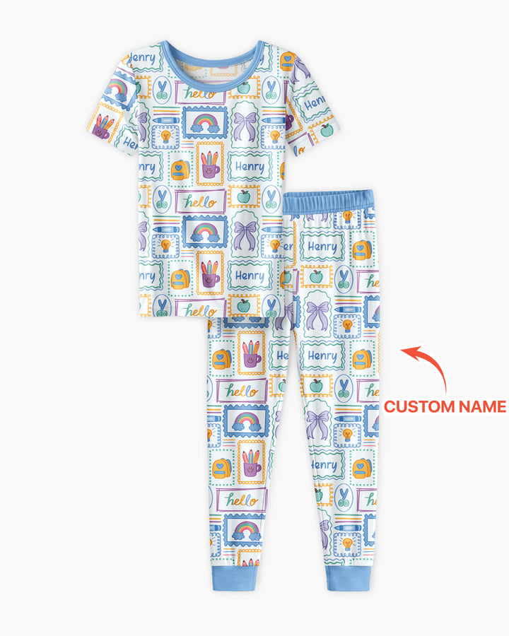 Custom Name Hello School Bamboo Two Piece Short Sleeve Pajama Set