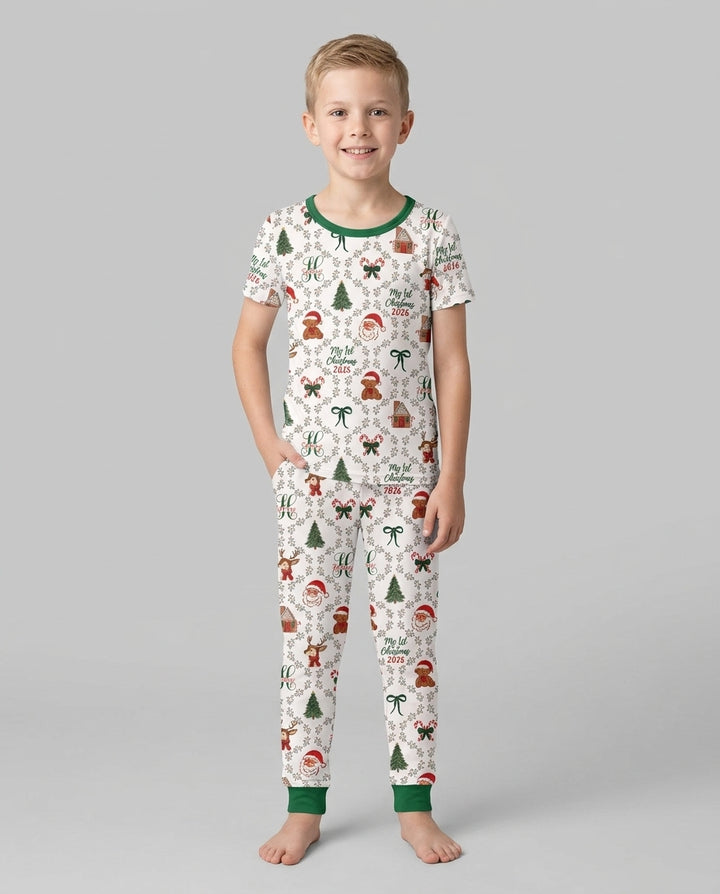 Custom name "Fancy Monogram Green Christmas 2026" Bamboo Two Piece Short Sleeve Pajama Set