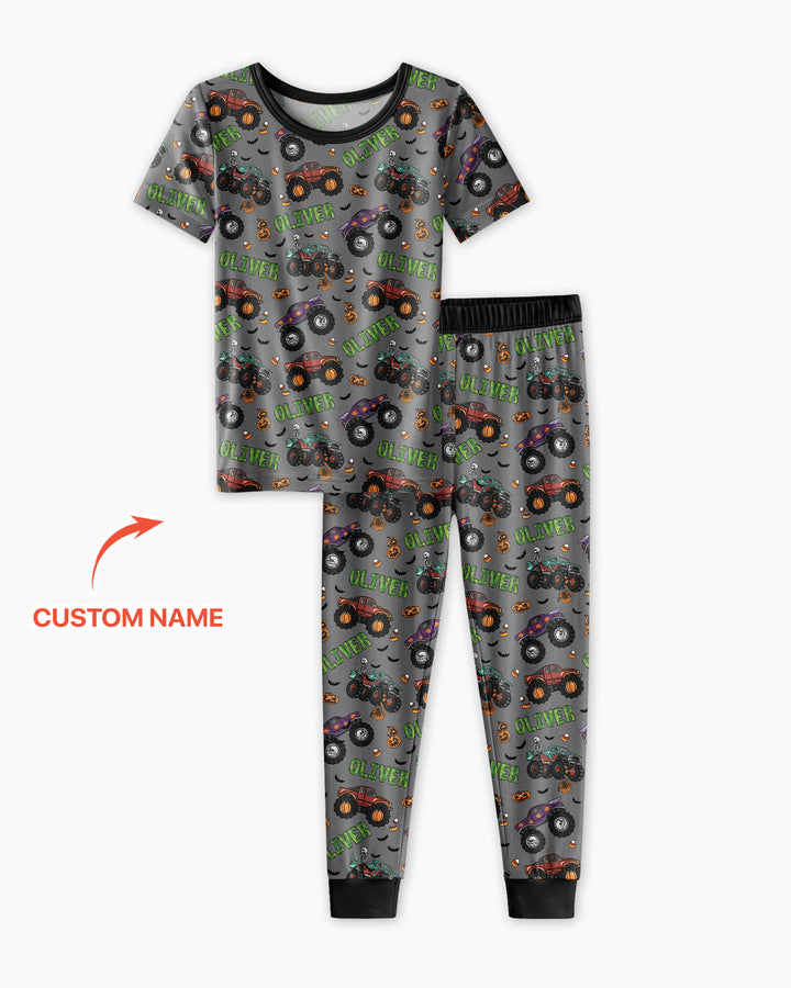 Custom Name Haunted Monster Trucks  Bamboo Two Piece Short Sleeve Pajama Set