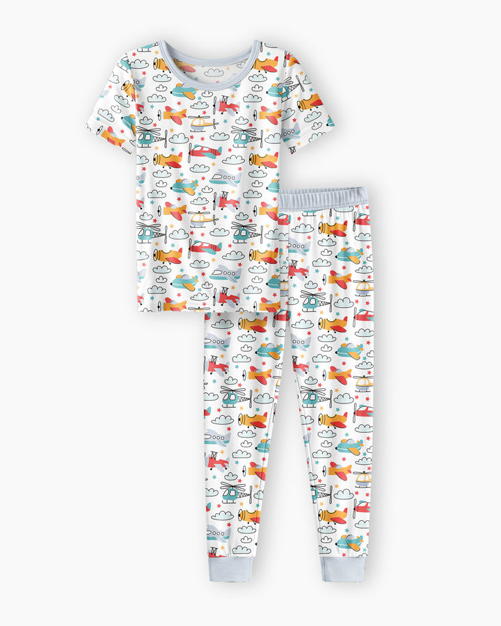 Flugzeuge und Hubschrauber zweiteiliges Pyjama-Set aus Bambus mit kurzen Ärmeln