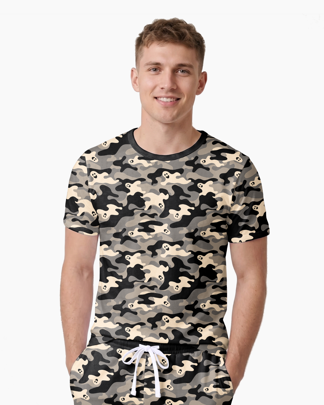 Camo Halloween Ghost Bamboo Men Short Sleeve Short Pajama Set
