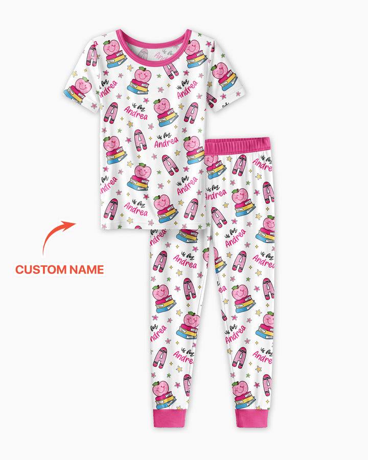 Custom Name Crayon Alphabet Bamboo Two Piece Short Sleeve Pajama Set