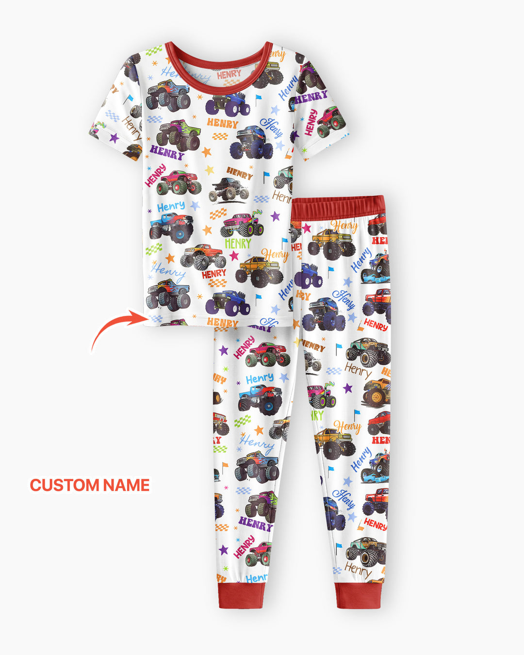 Monster Truck Custom Name Bamboo Two Piece Short Sleeve Pajama Set