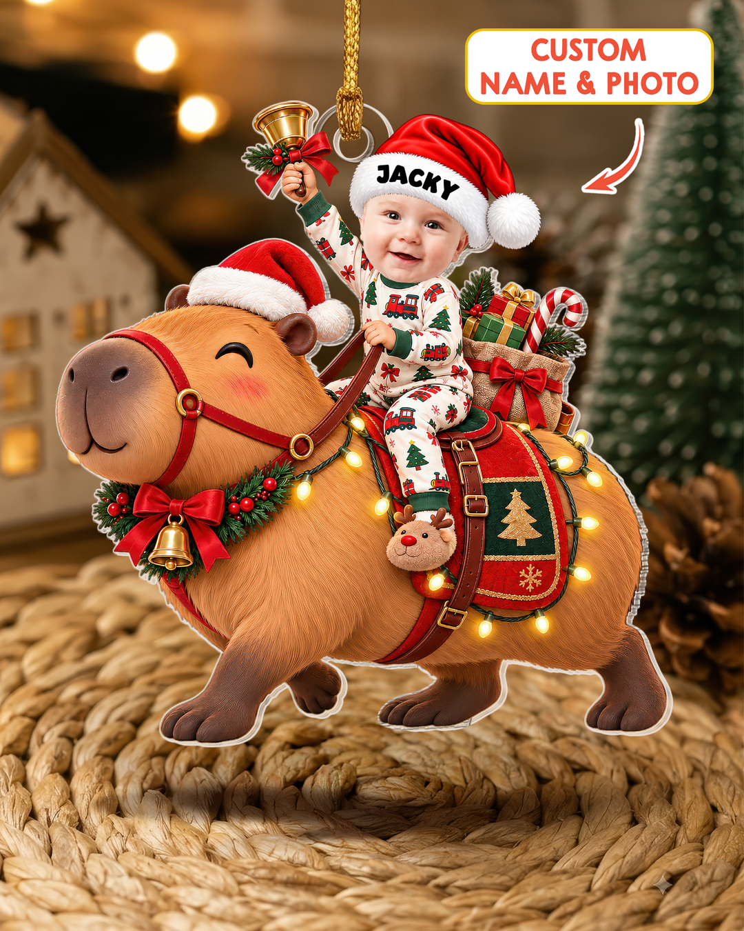 Jingle Bell Capybara  Personalized 1-Side Photo Acrylic Ornament