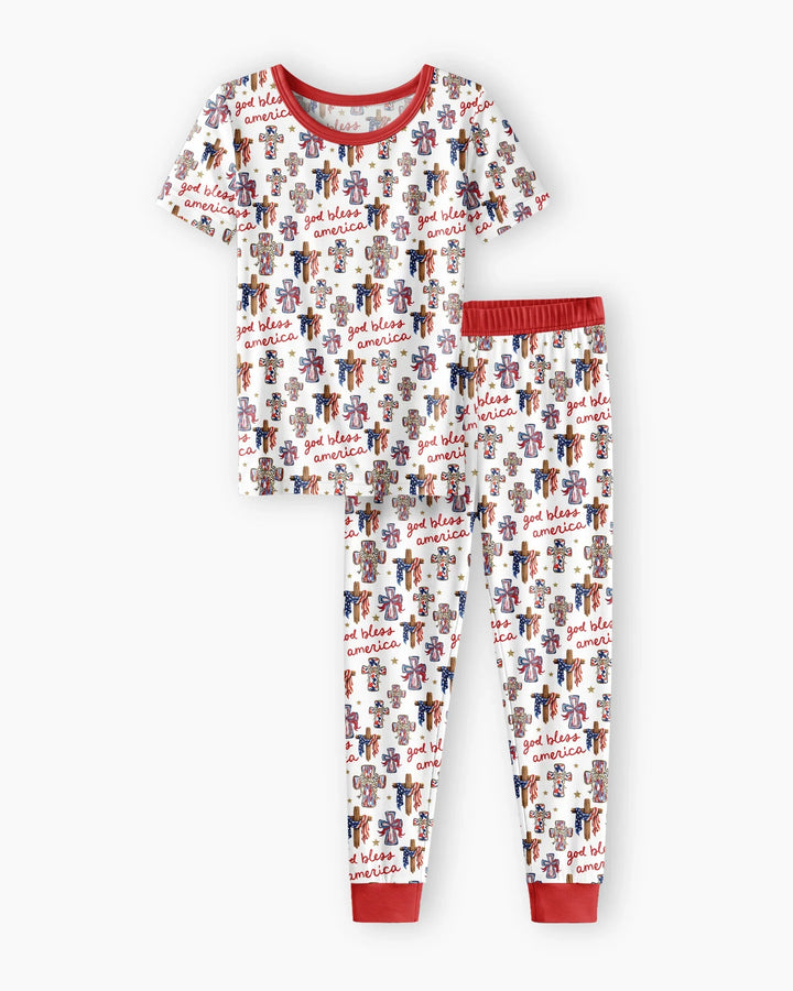 God Bless America Family Matching Bamboo Two Piece Short Sleeve Pajama Set