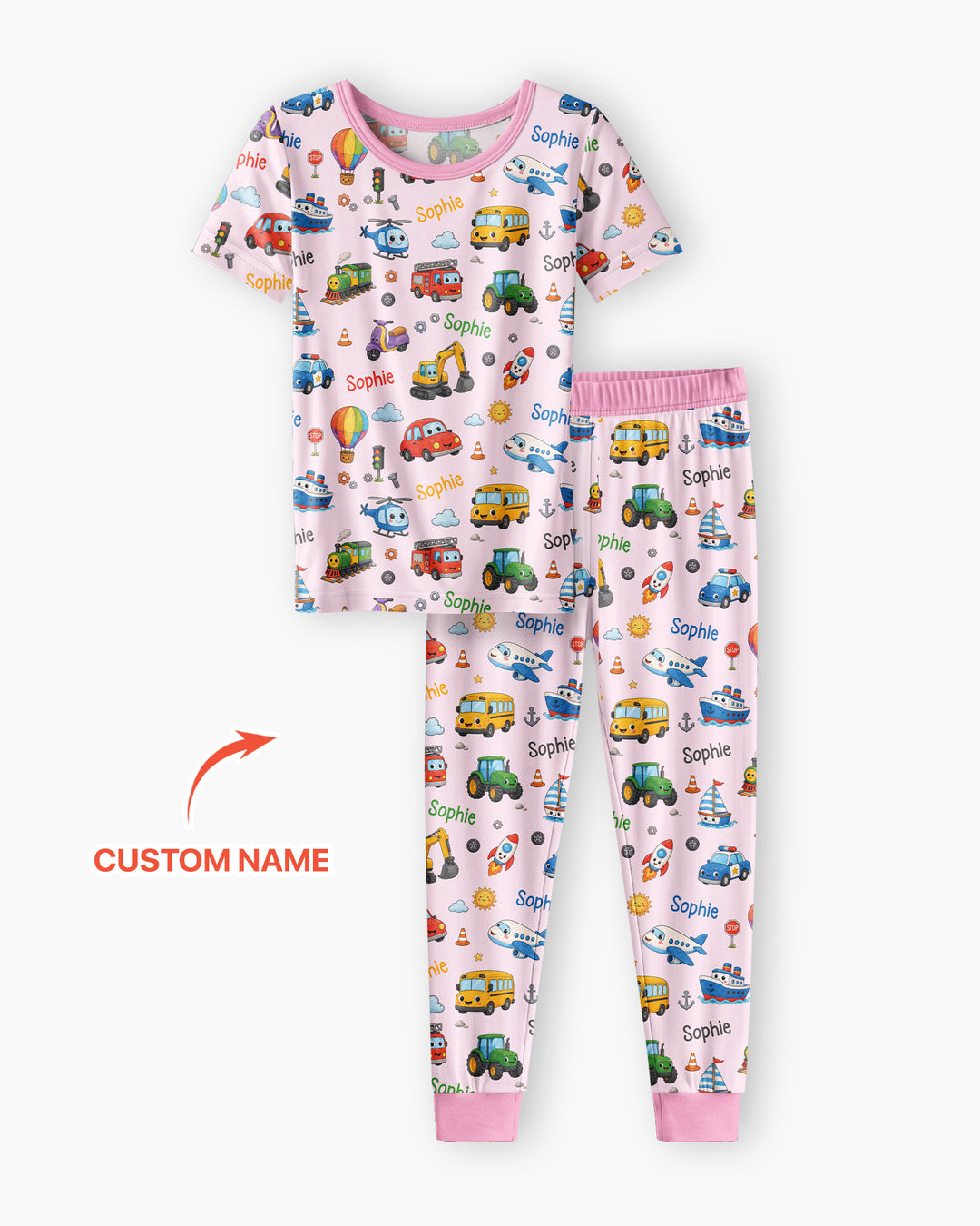 Custom Name Cute Transport Bamboo Two Piece Short Sleeve Pajama Set
