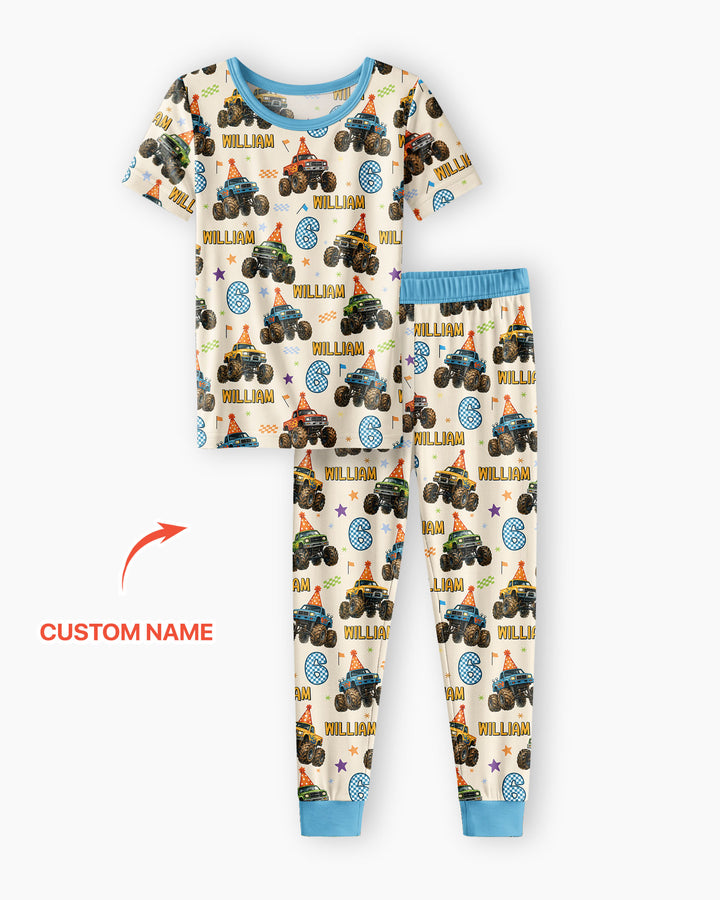 Custom Name Birthday Boy Monster Truck Bamboo Two Piece Short Sleeve Pajama Set