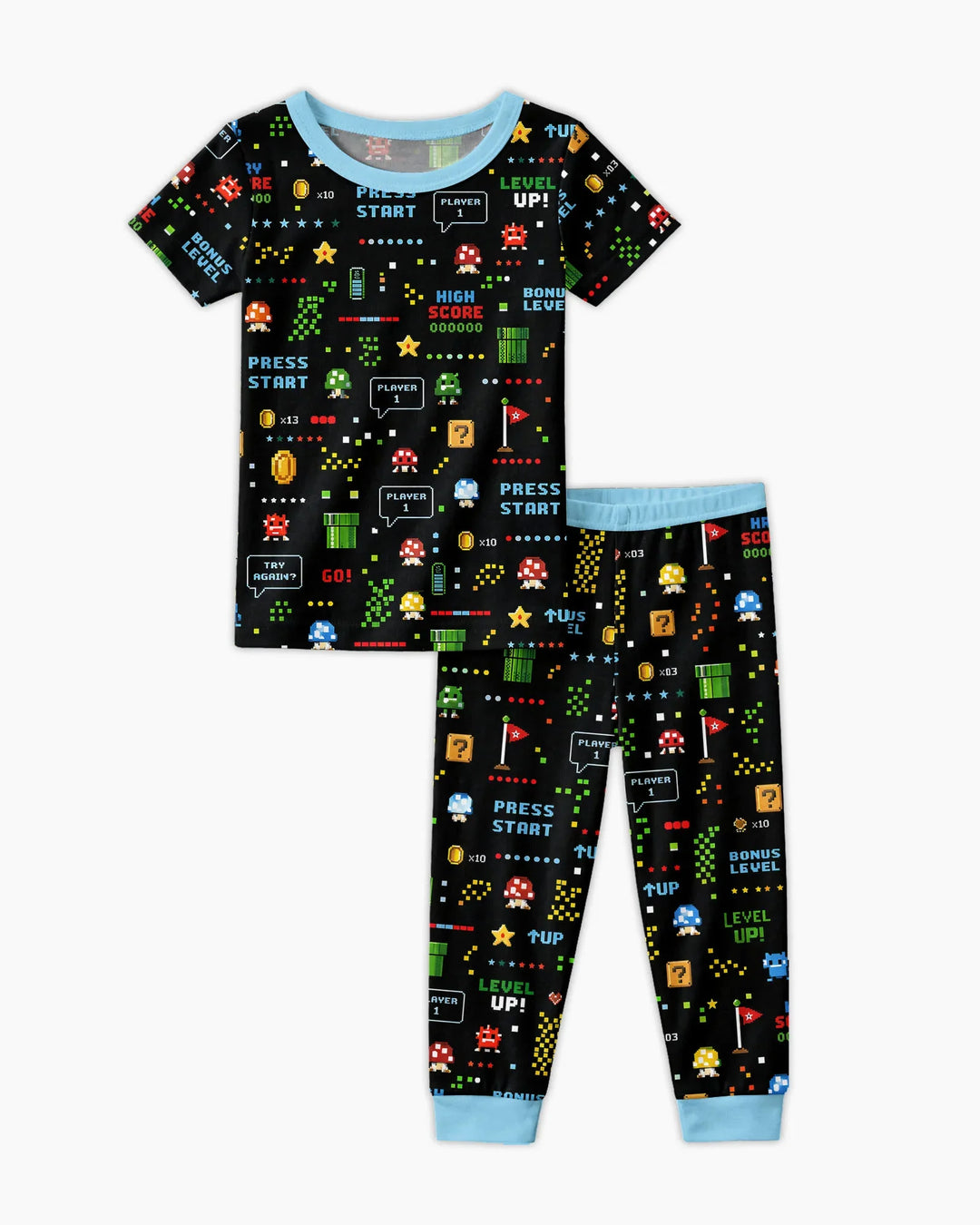 Conjunto de pijama de dos piezas de manga corta de bambú a juego para amantes de los juegos de píxeles
