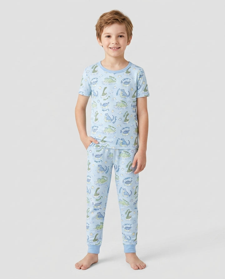 Dinos Swimming Custom Name Bamboo Two Piece Short Sleeve Pajama Set