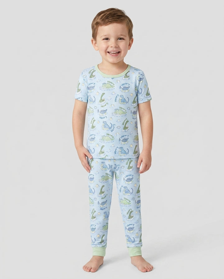 Dinos Swimming Custom Name Bamboo Two Piece Short Sleeve Pajama Set