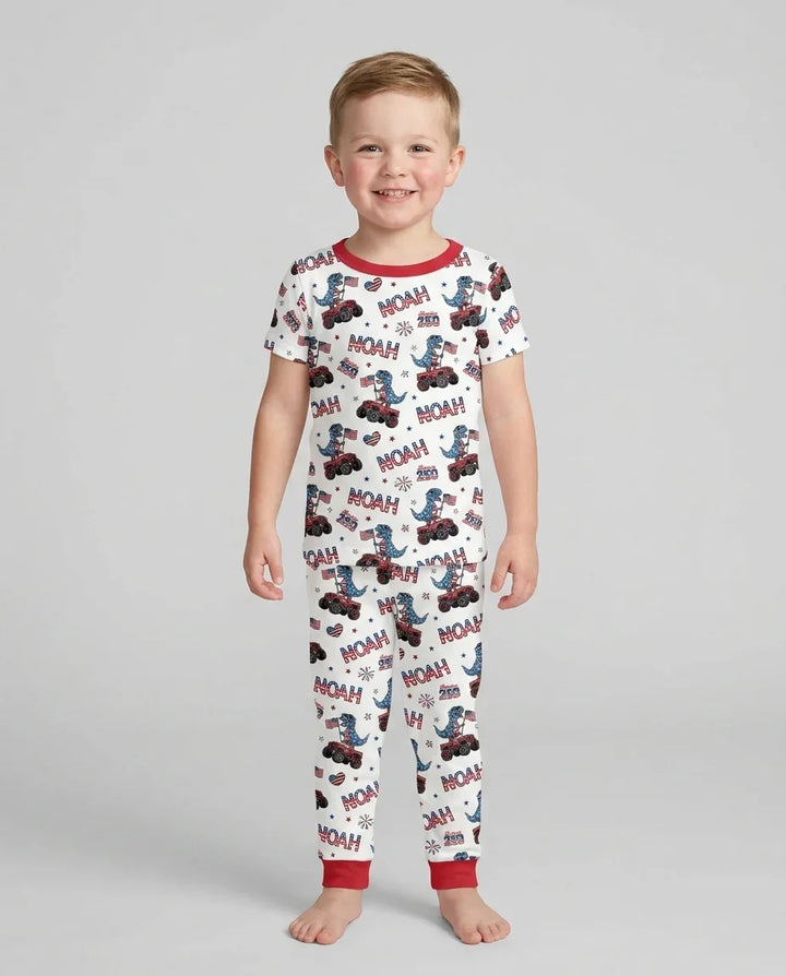 Custom Name American Flag Dinosaur Bamboo Two Piece Short Sleeve Pajama Set