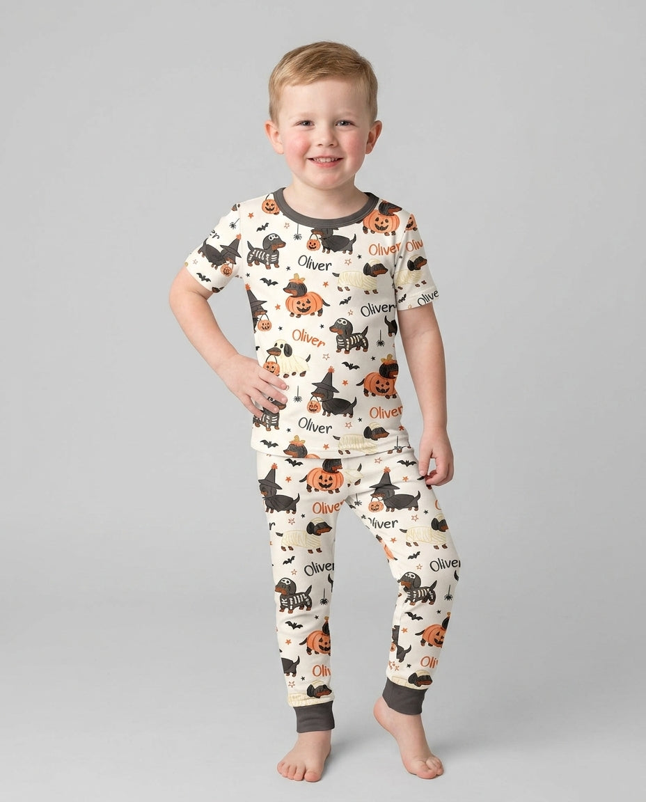 Orange and Black Dachshund Bamboo Two Piece Short Sleeve Pajama Set