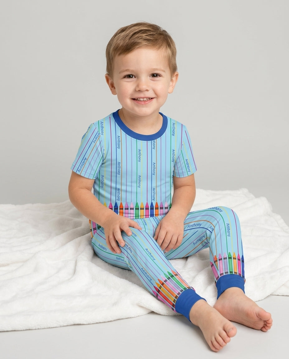 Custom Name Crayon Lines Bamboo Two Piece Short Sleeve Pajama Set