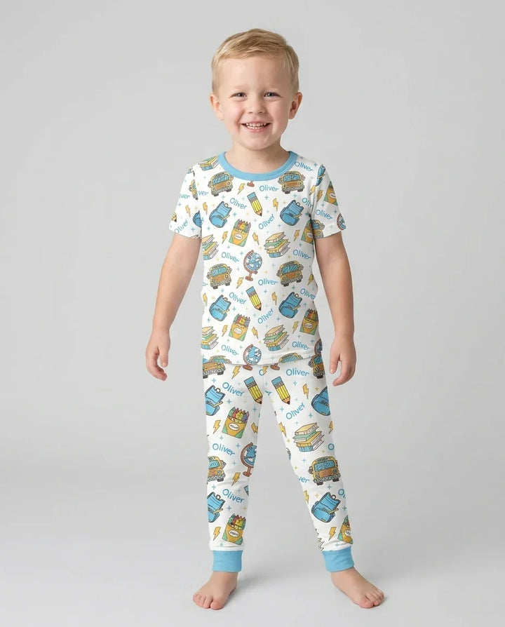 Custom Name Back To School Bamboo Two Piece Long Sleeve Pajama Set