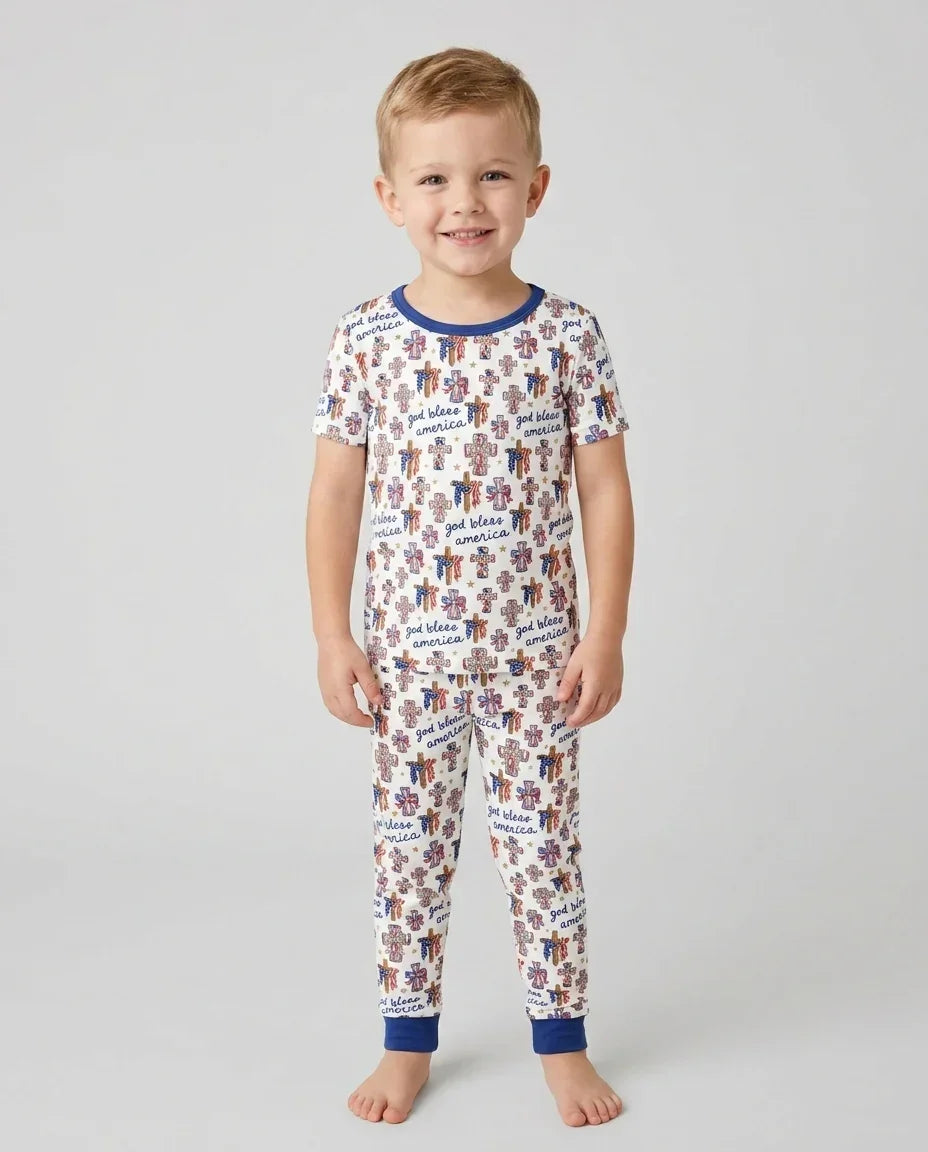 God Bless America Family Matching Bamboo Two Piece Short Sleeve Pajama Set