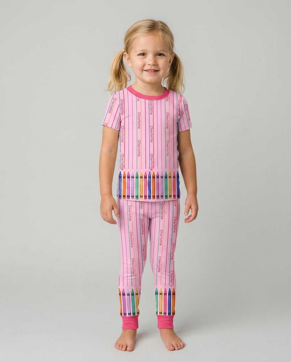 Custom Name Crayon Lines Bamboo Two Piece Short Sleeve Pajama Set