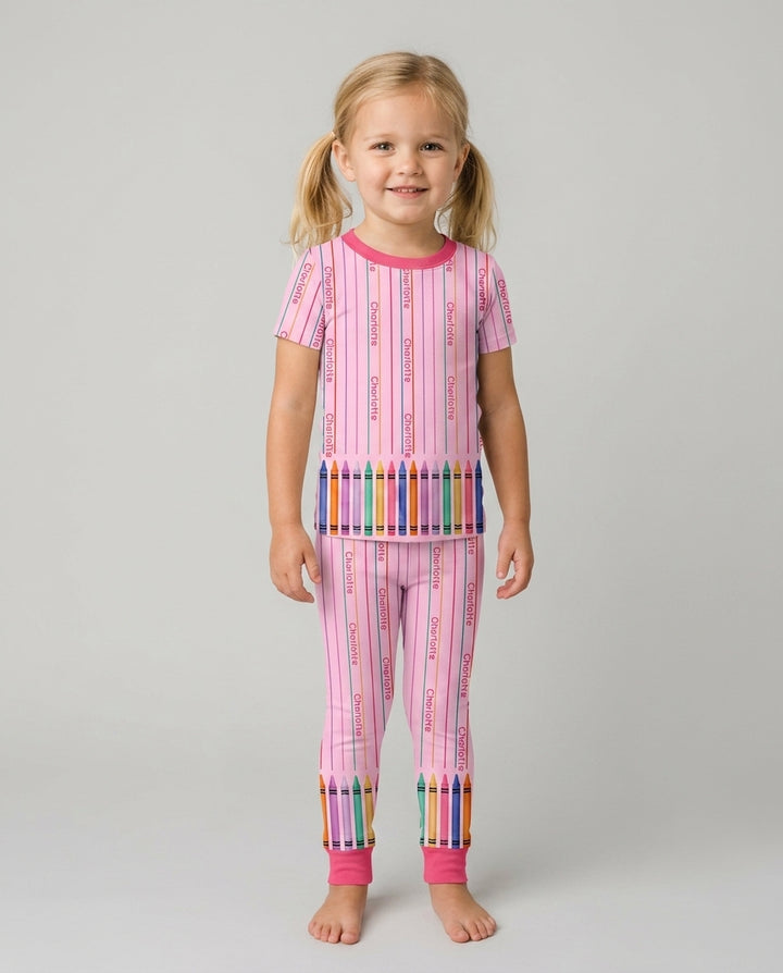 Custom Name Crayon Lines Bamboo Two Piece Short Sleeve Pajama Set