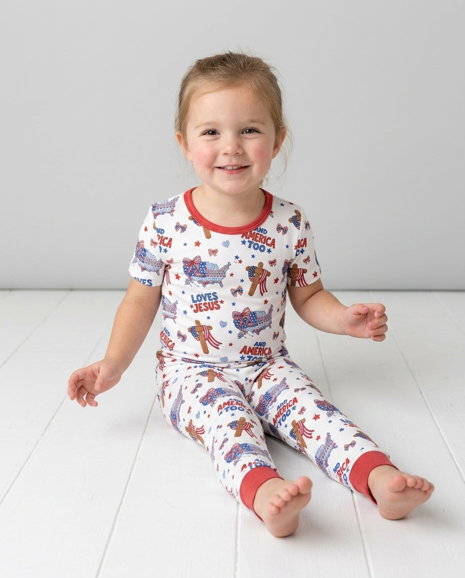 Loves Jesus And America Too Bamboo Two Piece Short Sleeve Pajama Set