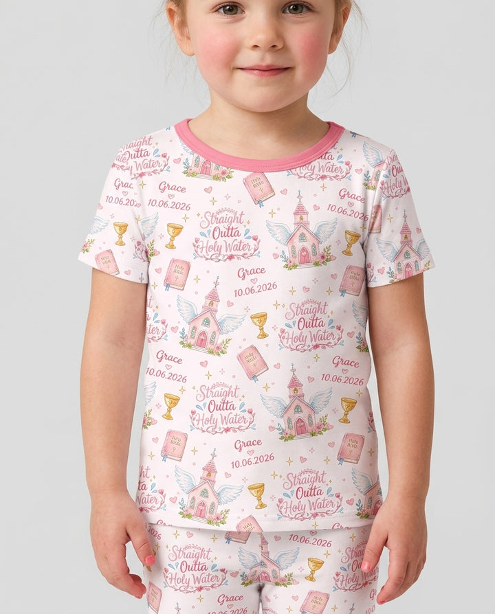 Custom Name Baptism Christening Straight Outta Holy Water Bamboo Two Piece Short Sleeve Pajama Set