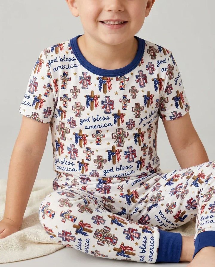 God Bless America Family Matching Bamboo Two Piece Short Sleeve Pajama Set
