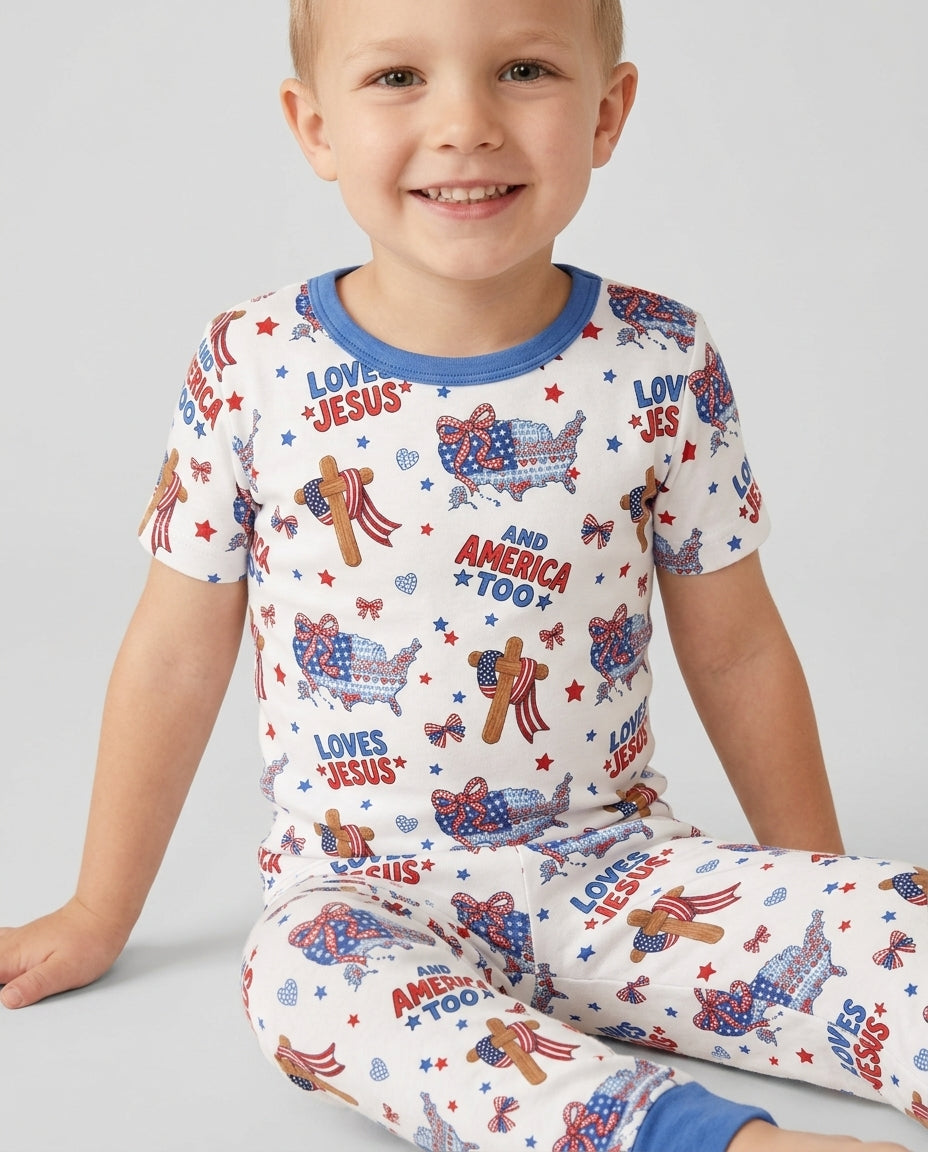 Loves Jesus And America Too Bamboo Two Piece Short Sleeve Pajama Set