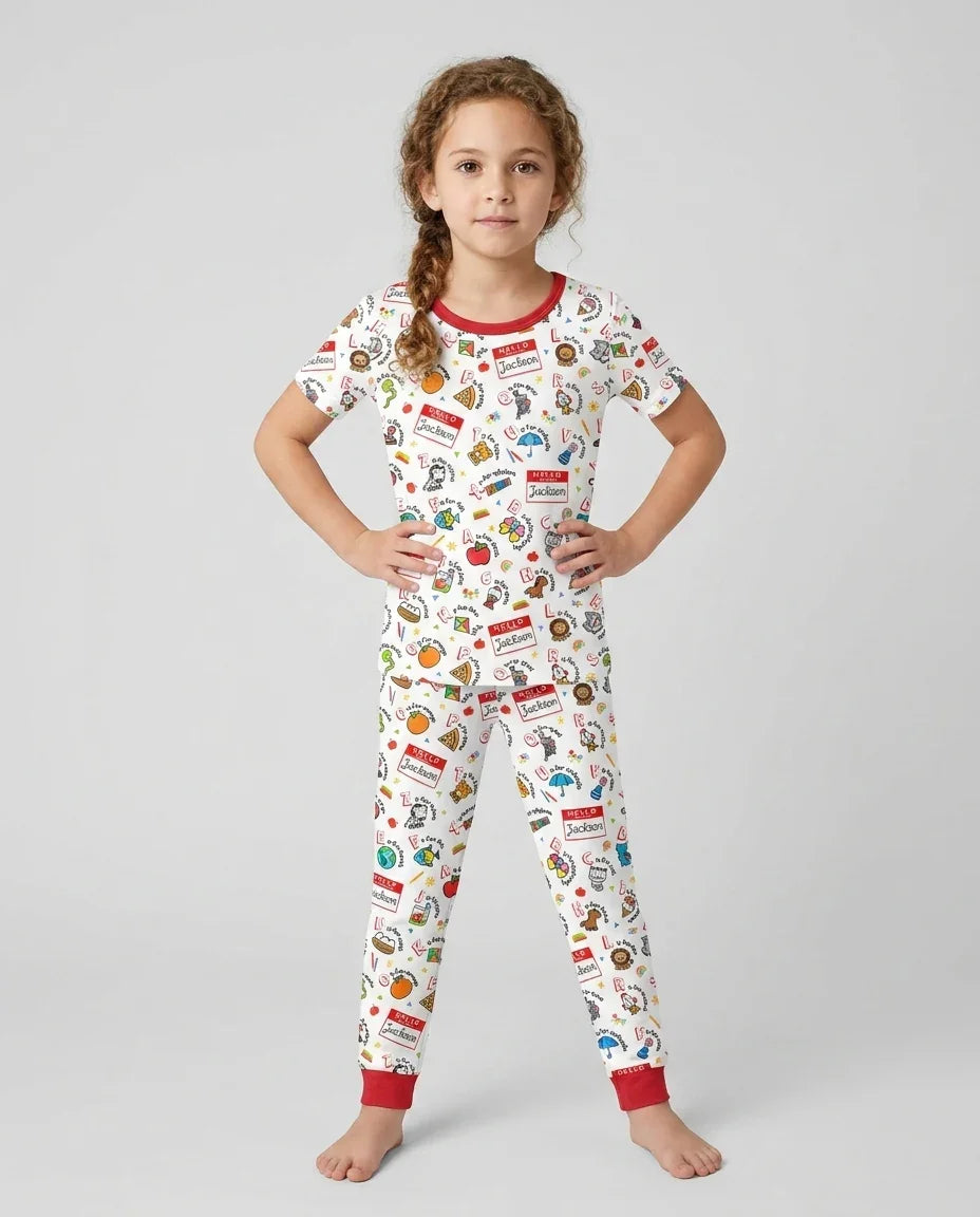 Custom Name Hello School ABCs Bamboo Two Piece Short Sleeve Pajama Set
