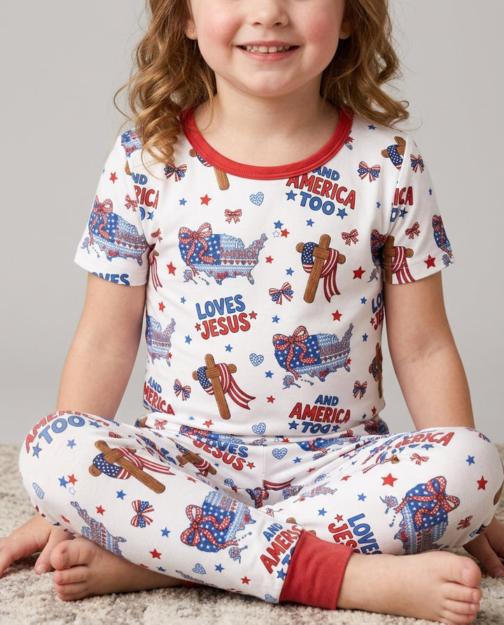 Loves Jesus And America Too Bamboo Two Piece Short Sleeve Pajama Set
