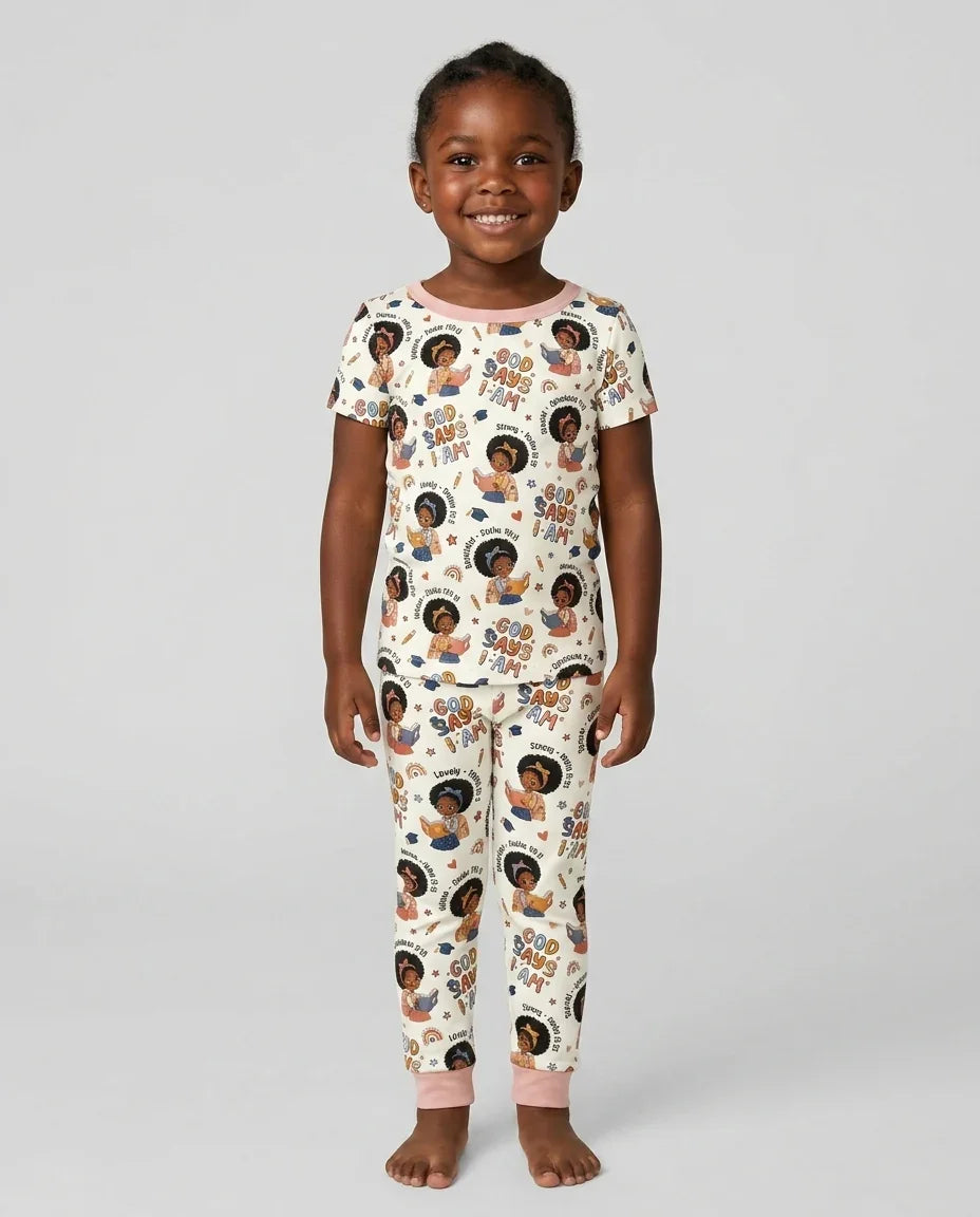 God Says I Am Cute Learning Afro Girl  Bamboo Two Piece Short Sleeve Pajama Set