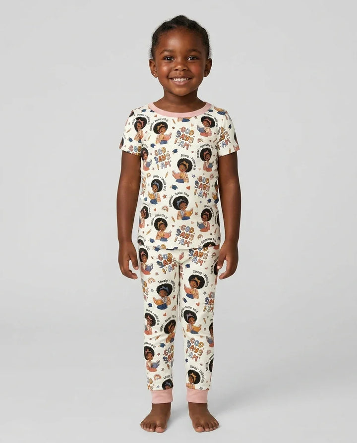 God Says I Am Cute Learning Afro Girl  Bamboo Two Piece Short Sleeve Pajama Set