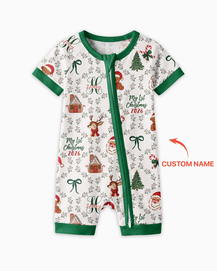 Custom name "Fancy Monogram Green Christmas 2026" Bamboo Shorty Zippy