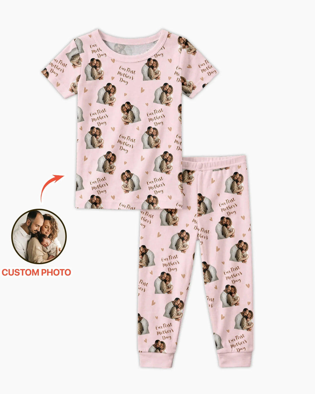 Pijama de dos piezas con foto personalizada "Our First as Parents" de bambú y manga corta