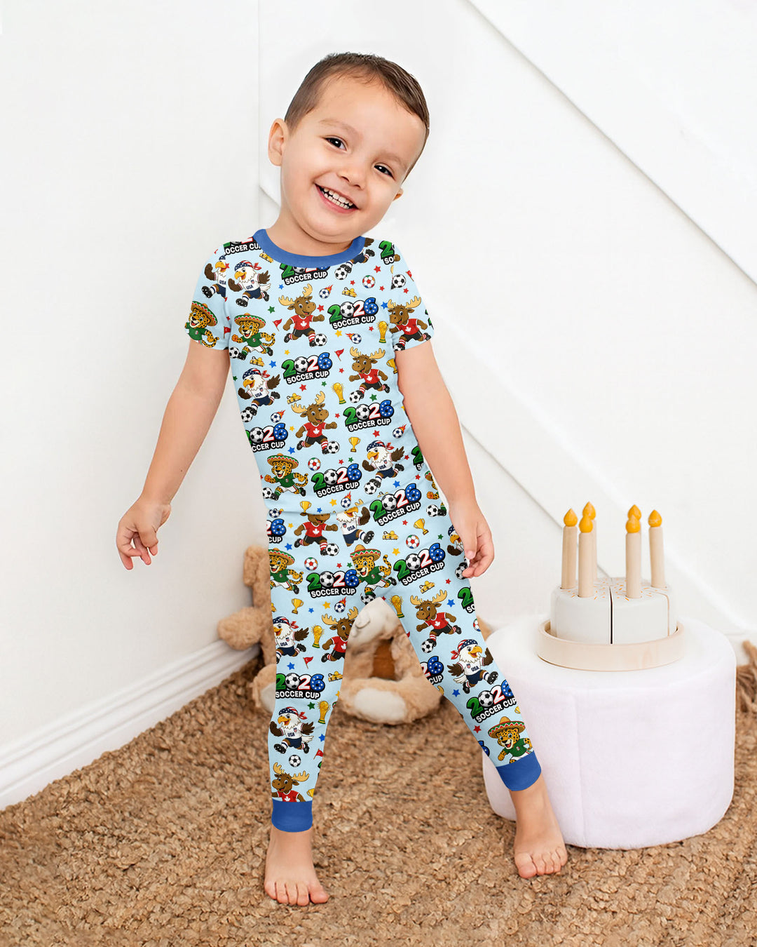 Soccer Cup Cute Mascots Bamboo Two Piece Short Sleeve Pajama Set