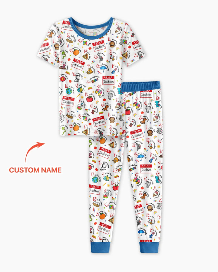 Custom Name Hello School ABCs Bamboo Two Piece Short Sleeve Pajama Set
