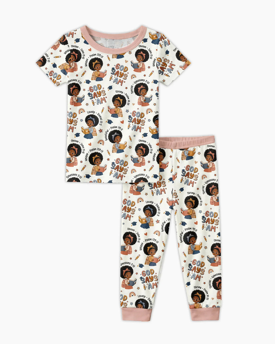 God Says I Am Cute Learning Afro Girl  Bamboo Two Piece Short Sleeve Pajama Set