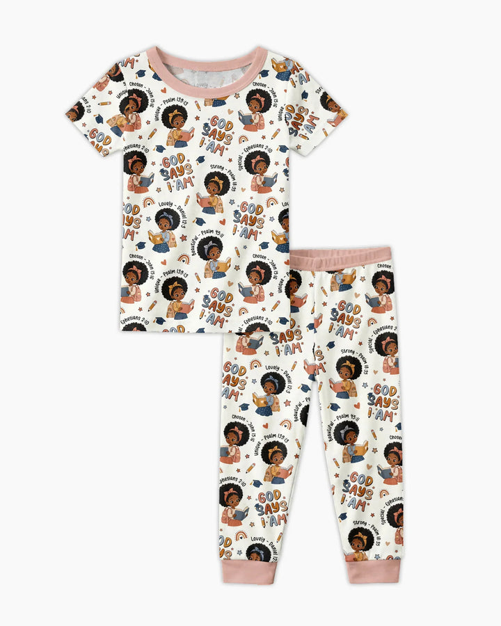 God Says I Am Cute Learning Afro Girl  Bamboo Two Piece Short Sleeve Pajama Set