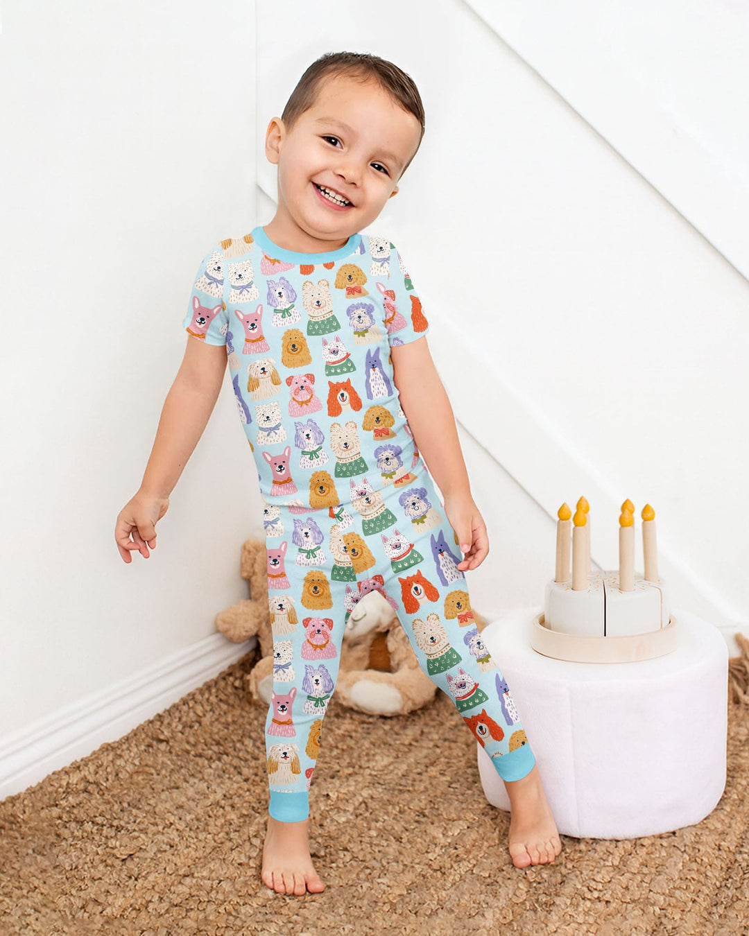 Whimsical Puppy Parade Family Matching Bamboo Two Piece Short Sleeve Pajama Set