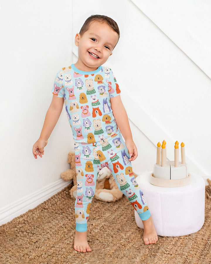 Whimsical Puppy Parade Family Matching Bamboo Two Piece Short Sleeve Pajama Set