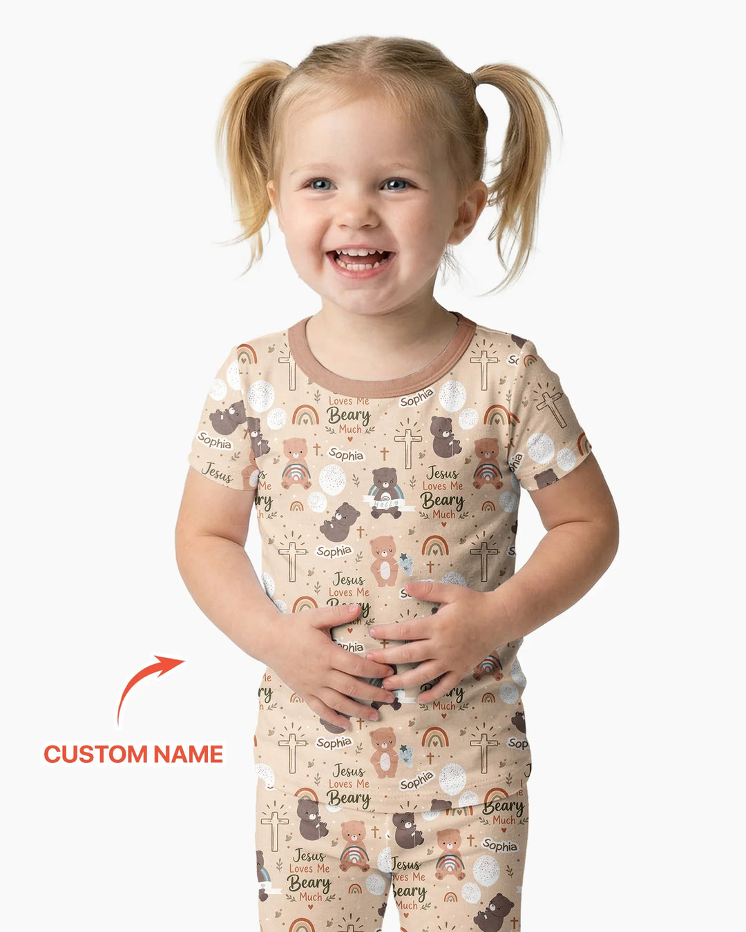 Custom Name Jesus Loves Me Beary Much Bamboo Two Piece Short Sleeve Pajama Set