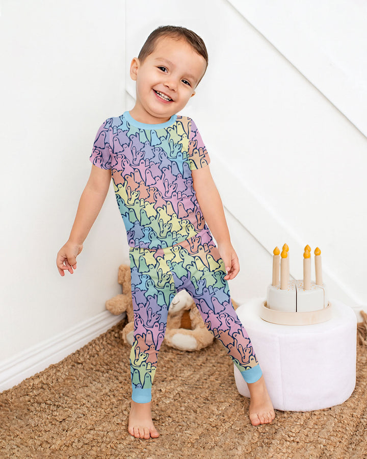 Pastel Rainbow Ghost Halloween Bamboo Two Piece Short Sleeve Pajama Set