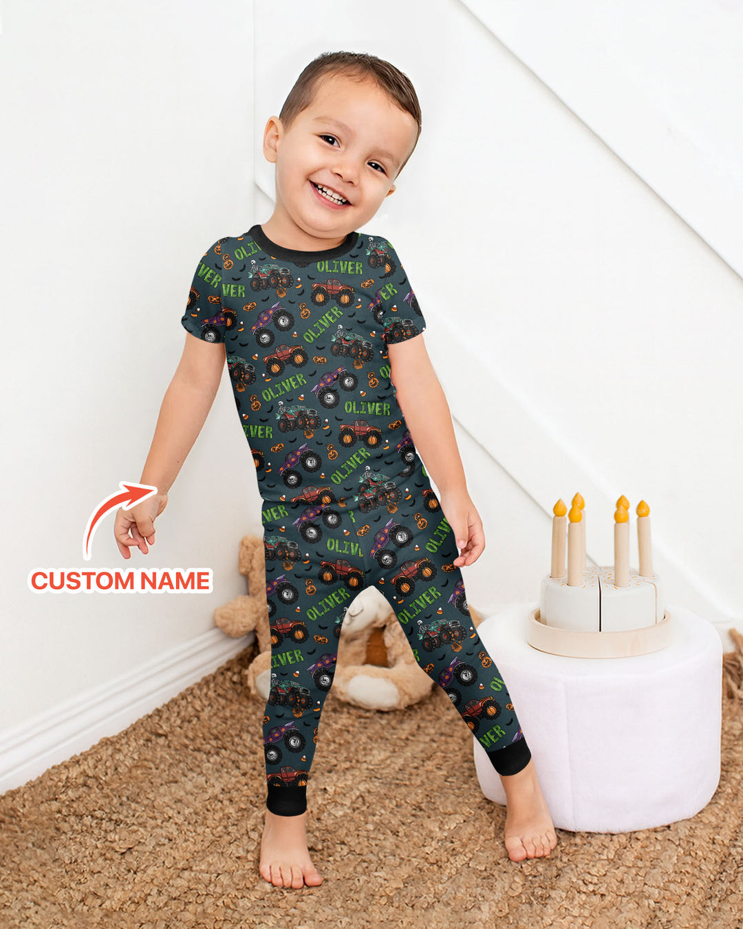 Custom Name Haunted Monster Trucks  Bamboo Two Piece Short Sleeve Pajama Set