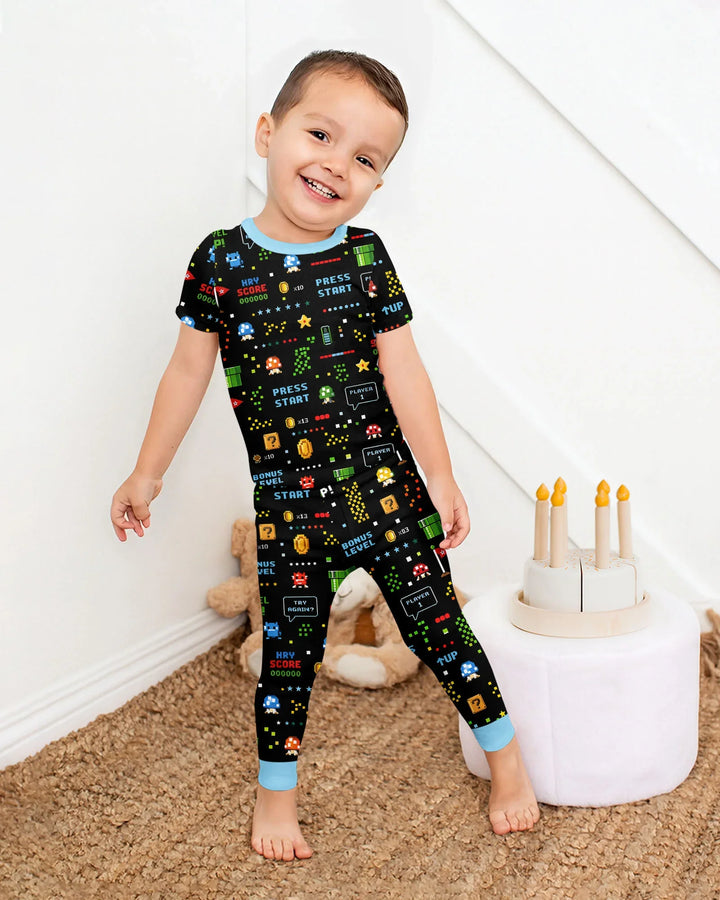Conjunto de pijama de dos piezas de manga corta de bambú a juego para amantes de los juegos de píxeles