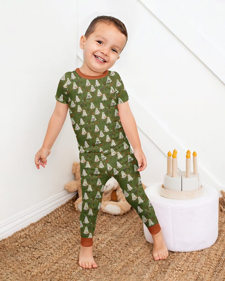 Cute Ghost Halloween Moss Green Floral Bamboo Two Piece Short Sleeve Pajama Set