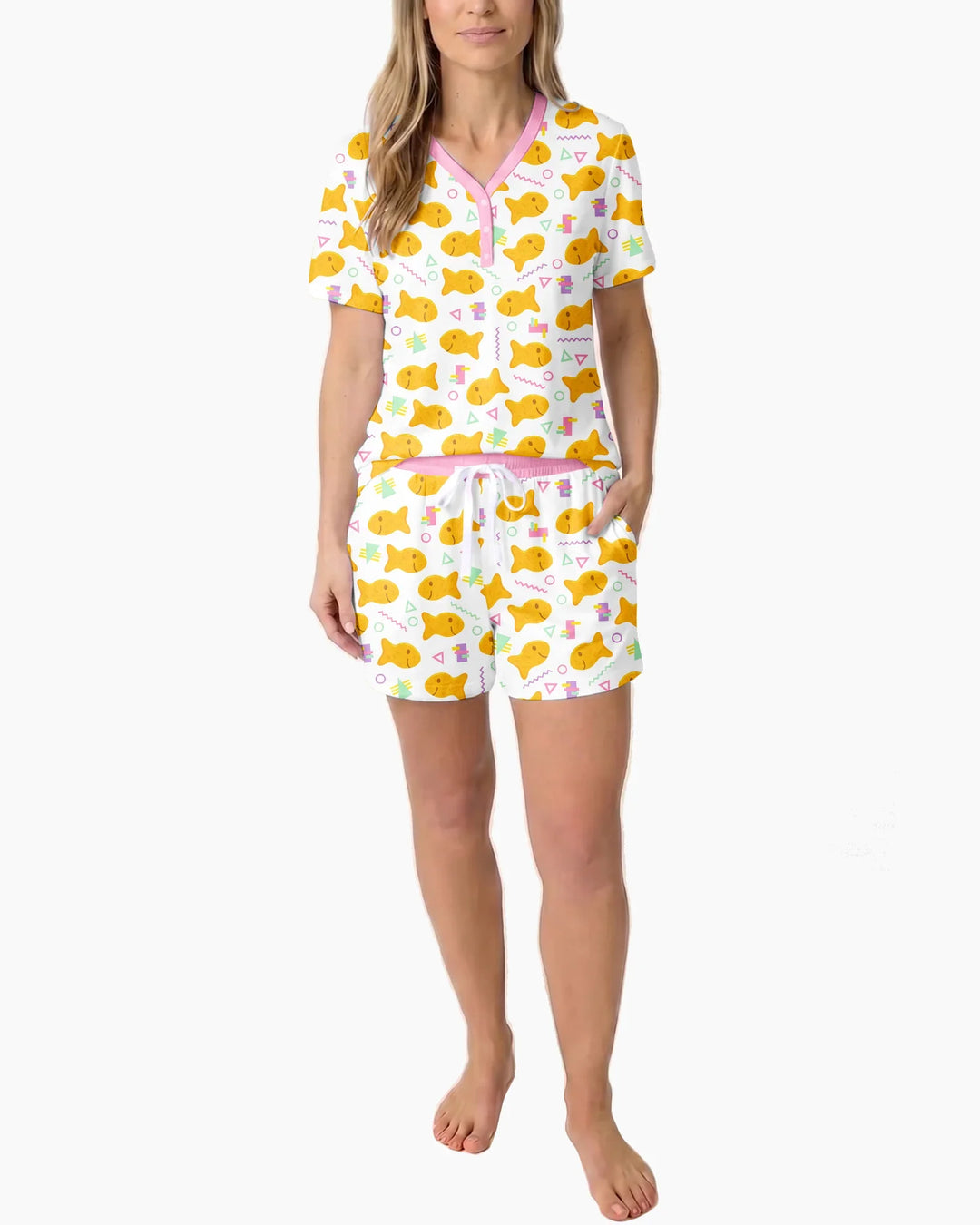 Cheesy Fishies Family Matching Bamboo Women Short Sleeve Short Pajama Set