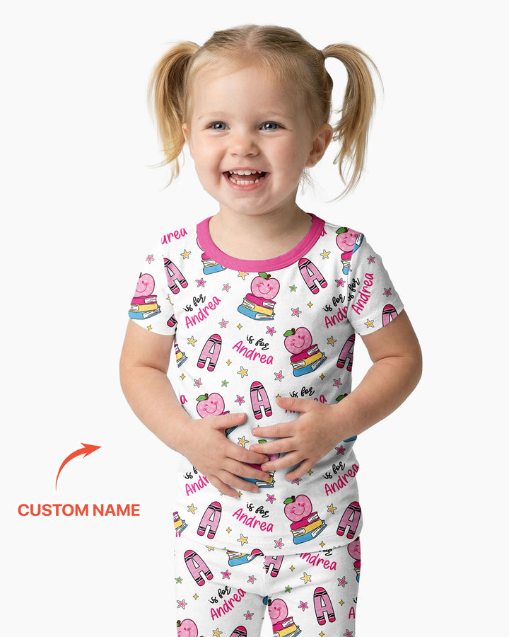 Custom Name Crayon Alphabet Bamboo Two Piece Short Sleeve Pajama Set