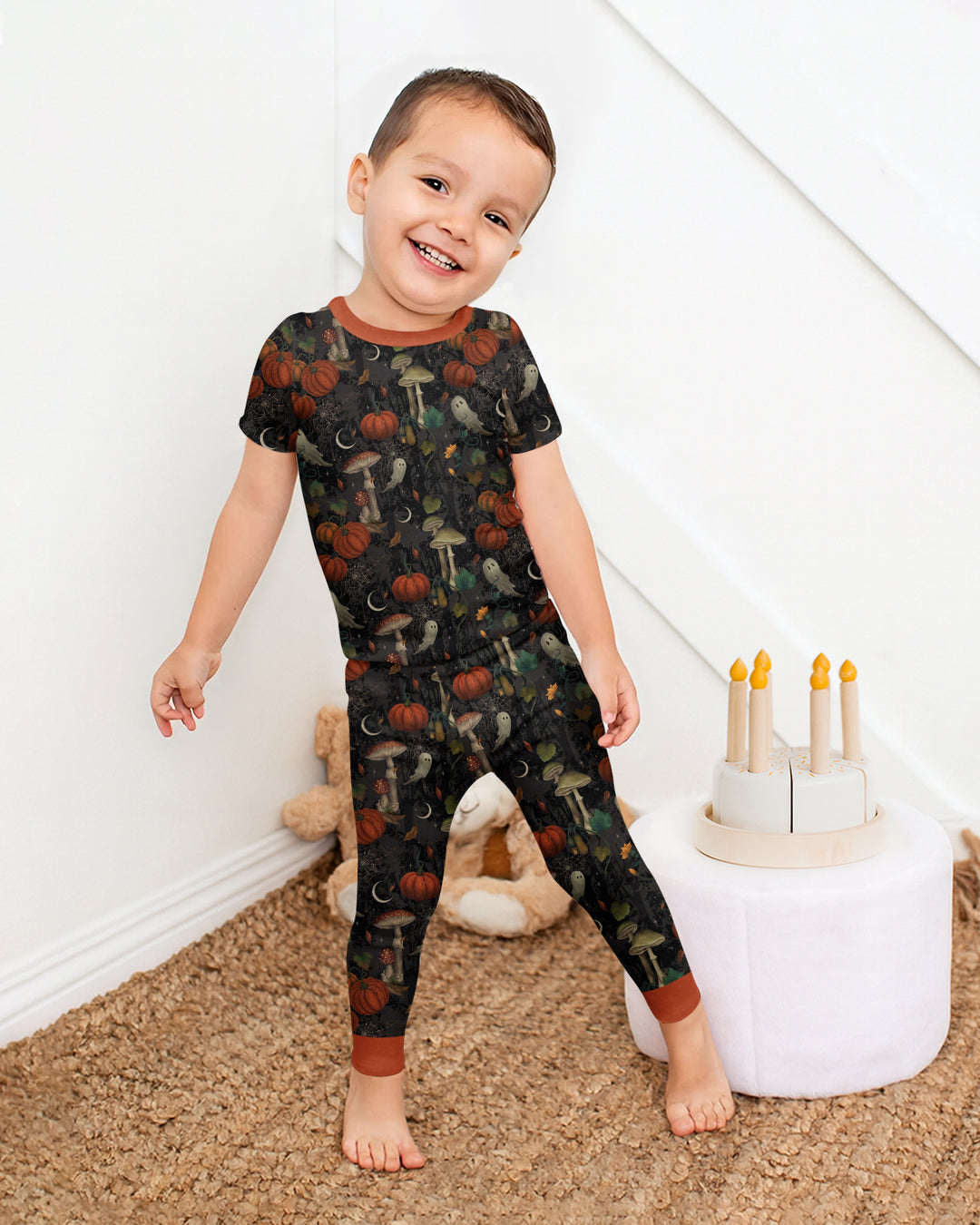 Spooky Cute Ghost Pumpkin Mushroom Halloween Bamboo Two Piece Short Sleeve Pajama Set