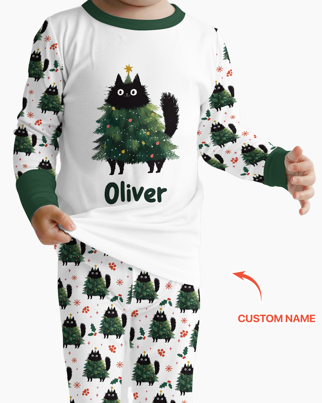 Custom Name Black Cat Christmas Bamboo Two Piece Long Sleeve Pajama Set