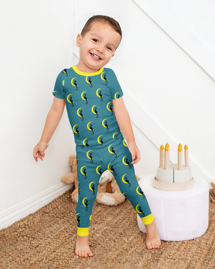 Black Cat Crescent Moon Celestial Night Bamboo Two Piece Short Sleeve Pajama Set