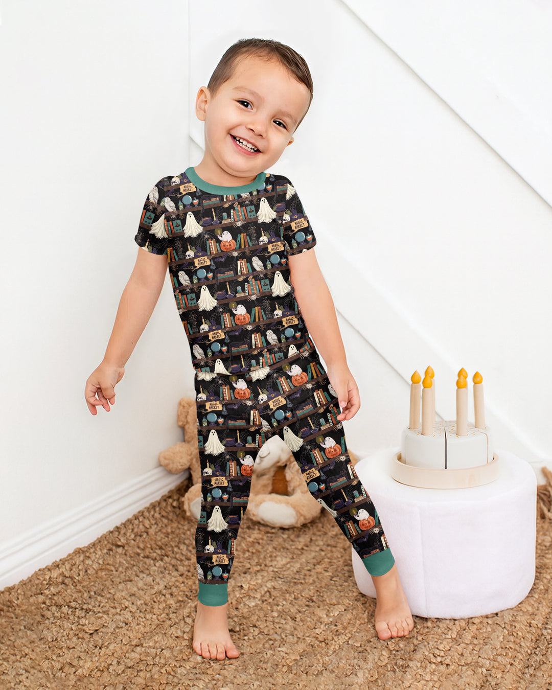 Cute Ghost Witchy Halloween Magic Library Bamboo Two Piece Short Sleeve Pajama Set