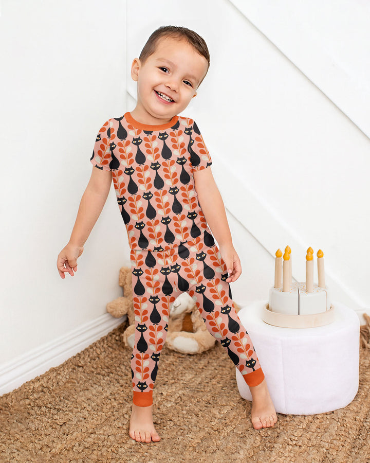 Retro Black Cat Garden Bamboo Two Piece Short Sleeve Pajama Set